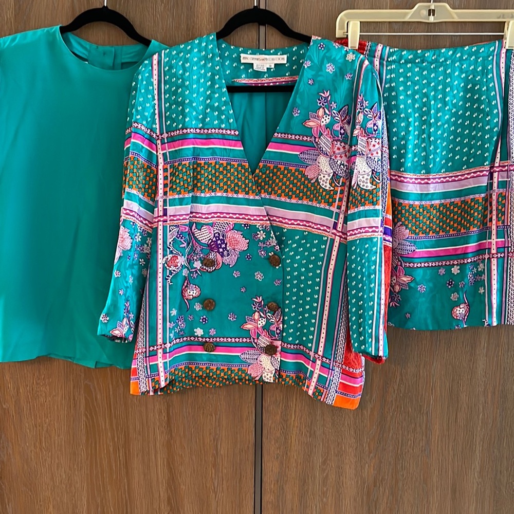 Vintage Anne Crimmins 3 Piece Double Breasted Turquoise Print Suit